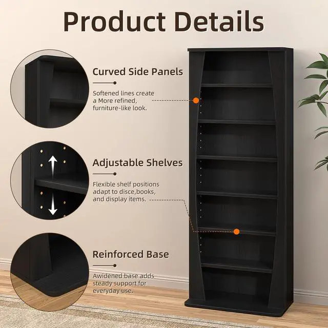 Alt view image 5 of 6 - 7 Tier Arched DVD Shelf, DVD Rack with Adjustable Shelves, Black | Media Storage Cabinet for CDs & Movies, Media Shelf,Free Standing CD Rack Tower Bookcase or Living Room & Home Office