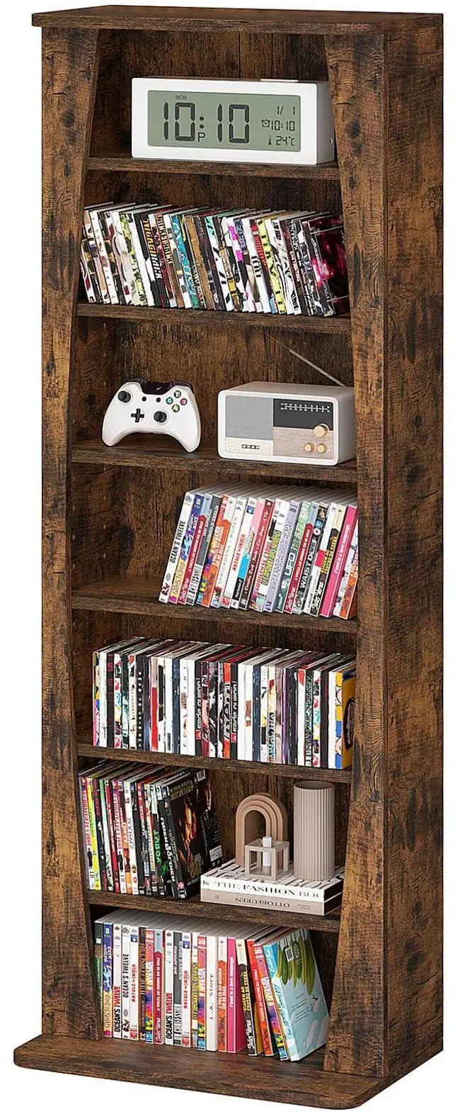 Main image of 7 Tier Arched DVD Shelf, DVD Rack with Adjustable Shelves, Brown | Media Storage Cabinet for CDs & Movies, Media Shelf,Free Standing CD Rack Tower Bookcase or Living Room & Home Office