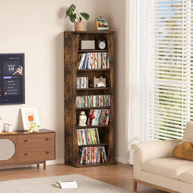 Alt view image 2 of 6 - 7 Tier Arched DVD Shelf, DVD Rack with Adjustable Shelves, Brown | Media Storage Cabinet for CDs & Movies, Media Shelf,Free Standing CD Rack Tower Bookcase or Living Room & Home Office