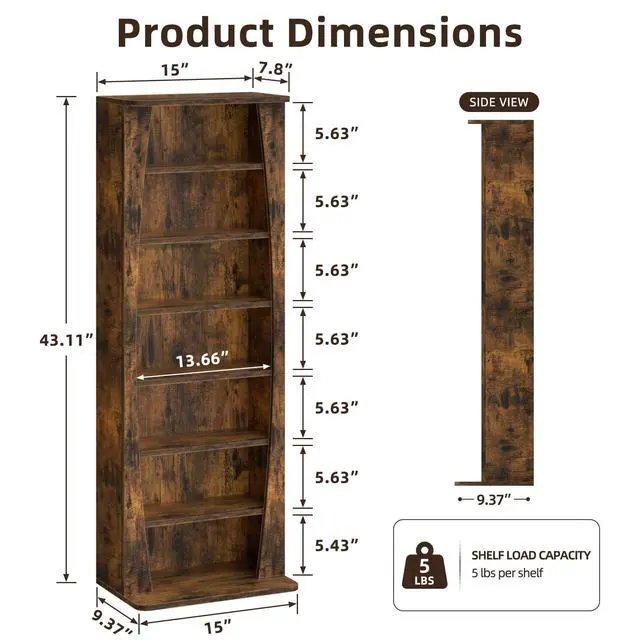 Alt view image 3 of 6 - 7 Tier Arched DVD Shelf, DVD Rack with Adjustable Shelves, Brown | Media Storage Cabinet for CDs & Movies, Media Shelf,Free Standing CD Rack Tower Bookcase or Living Room & Home Office