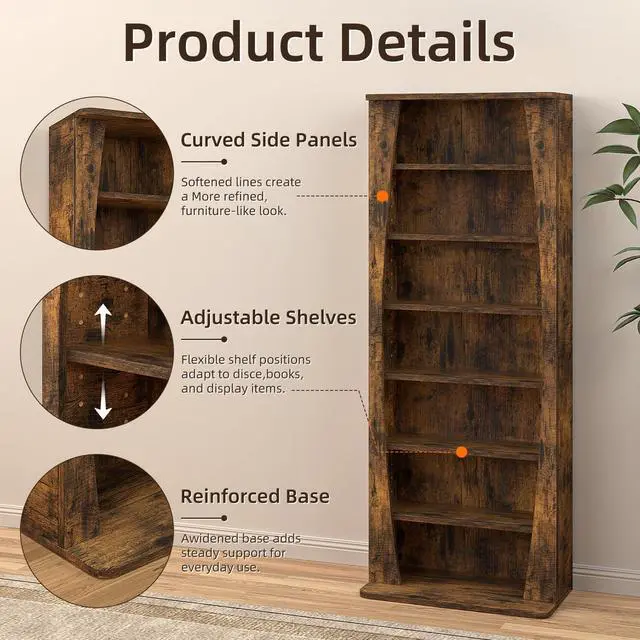 Alt view image 5 of 6 - 7 Tier Arched DVD Shelf, DVD Rack with Adjustable Shelves, Brown | Media Storage Cabinet for CDs & Movies, Media Shelf,Free Standing CD Rack Tower Bookcase or Living Room & Home Office