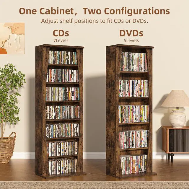 Alt view image 6 of 6 - 7 Tier Arched DVD Shelf, DVD Rack with Adjustable Shelves, Brown | Media Storage Cabinet for CDs & Movies, Media Shelf,Free Standing CD Rack Tower Bookcase or Living Room & Home Office