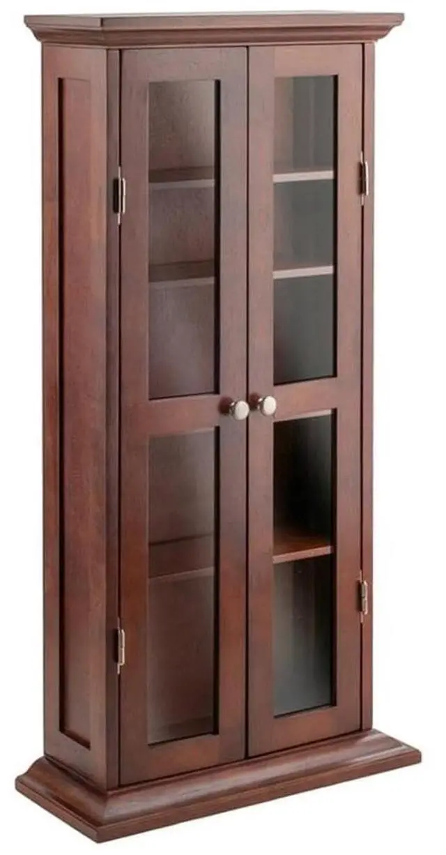 Main image of Solid Wood CD & DVD Media Storage Cabinet, Antique Walnut Finish, Glass Doors, 44.17 in H x 21.97 in W x 9.17 in D, 5 Shelves for DVDs, CDs, Transitional Style Organizer