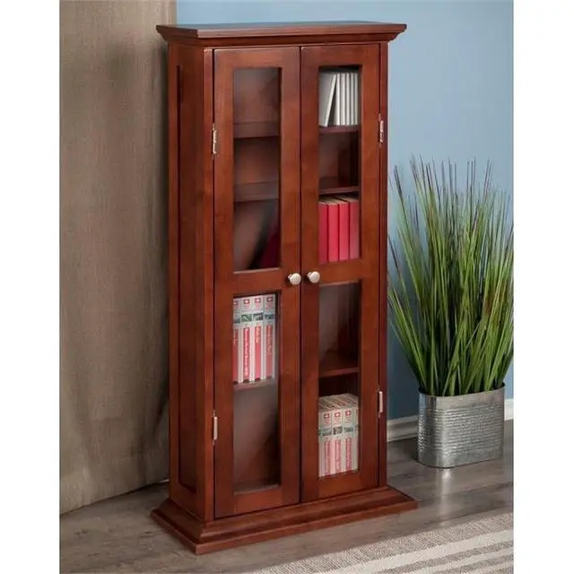 Alt view image 2 of 6 - Solid Wood CD & DVD Media Storage Cabinet, Antique Walnut Finish, Glass Doors, 44.17 in H x 21.97 in W x 9.17 in D, 5 Shelves for DVDs, CDs, Transitional Style Organizer