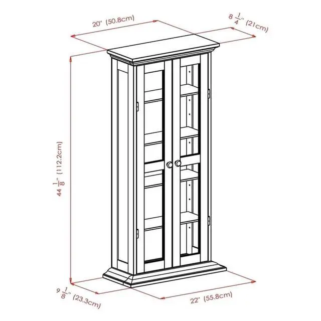 Alt view image 3 of 6 - Solid Wood CD & DVD Media Storage Cabinet, Antique Walnut Finish, Glass Doors, 44.17 in H x 21.97 in W x 9.17 in D, 5 Shelves for DVDs, CDs, Transitional Style Organizer