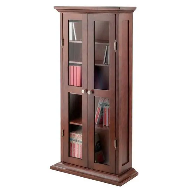 Alt view image 4 of 6 - Solid Wood CD & DVD Media Storage Cabinet, Antique Walnut Finish, Glass Doors, 44.17 in H x 21.97 in W x 9.17 in D, 5 Shelves for DVDs, CDs, Transitional Style Organizer