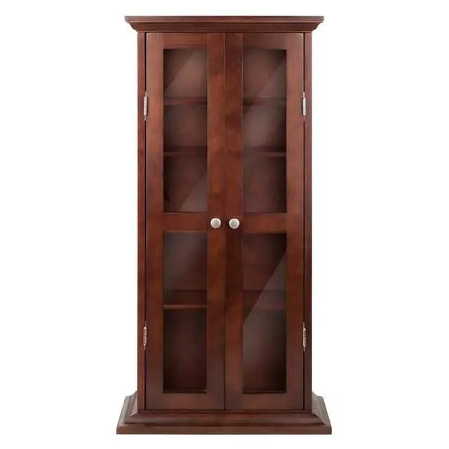 Alt view image 5 of 6 - Solid Wood CD & DVD Media Storage Cabinet, Antique Walnut Finish, Glass Doors, 44.17 in H x 21.97 in W x 9.17 in D, 5 Shelves for DVDs, CDs, Transitional Style Organizer