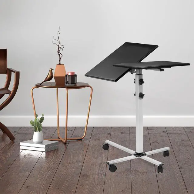 Alt view image 4 of 6 - Projector Stand Mobile Projector Cart with Laptop Shelf on Wheels, Heavy Duty Two Shelves Height Adjustable Laptop and Projector Presentation Trolley in Black