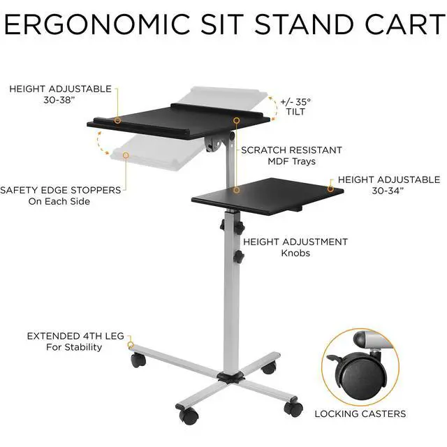 Alt view image 5 of 6 - Projector Stand Mobile Projector Cart with Laptop Shelf on Wheels, Heavy Duty Two Shelves Height Adjustable Laptop and Projector Presentation Trolley in Black