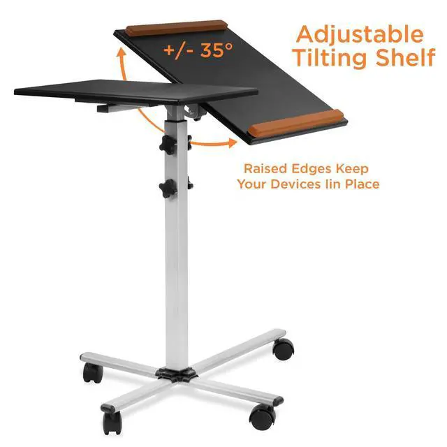 Alt view image 6 of 6 - Projector Stand Mobile Projector Cart with Laptop Shelf on Wheels, Heavy Duty Two Shelves Height Adjustable Laptop and Projector Presentation Trolley in Black