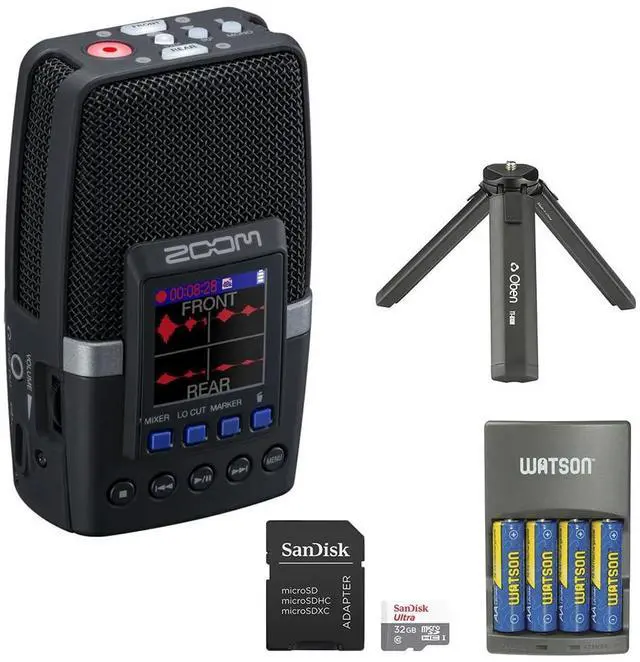 Main image of Zoom H2 Essential Multi-Mic Handy Recorder (ZH2E) Bundle with Oben TT-610B Aluminum Tabletop Tripod, SanDisk 32GB Memory Card and Watson 4-Bay Charger with 4-Pack AA NiMH Rechargeable Batteries