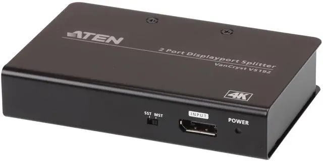 Main image of VS192 2-Port True 4K DisplayPort Splitter SST Split or MST Extended Display - Connect 1 DP Source to 2 Display Port Computer Monitor - TAA Compliant - Metal