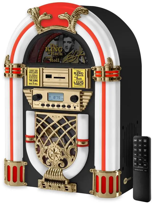 Main image of Arkrocket x Mini Jukebox/Tabletop CD Player/Bluetooth Speaker/Radio/USB and SD Card Player with Retro LED Lighting System (Limitied Edition), Black Gloden
