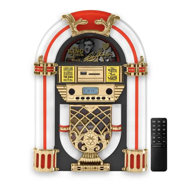 Alt view image 2 of 6 - Arkrocket x Mini Jukebox/Tabletop CD Player/Bluetooth Speaker/Radio/USB and SD Card Player with Retro LED Lighting System (Limitied Edition), Black Gloden