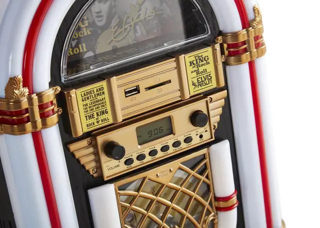 Alt view image 4 of 6 - Arkrocket x Mini Jukebox/Tabletop CD Player/Bluetooth Speaker/Radio/USB and SD Card Player with Retro LED Lighting System (Limitied Edition), Black Gloden