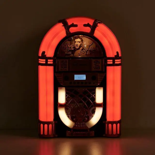 Alt view image 6 of 6 - Arkrocket x Mini Jukebox/Tabletop CD Player/Bluetooth Speaker/Radio/USB and SD Card Player with Retro LED Lighting System (Limitied Edition), Black Gloden