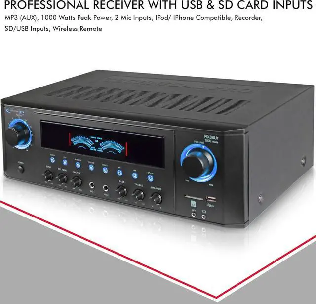 Alt view image 2 of 6 - Professional 1000 Watts Home Stereo Receiver with USB and SD Card Inputs | MP3 (AUX), 2 Mic Inputs, Recorder, Wireless Remote, FM Digital Tuner