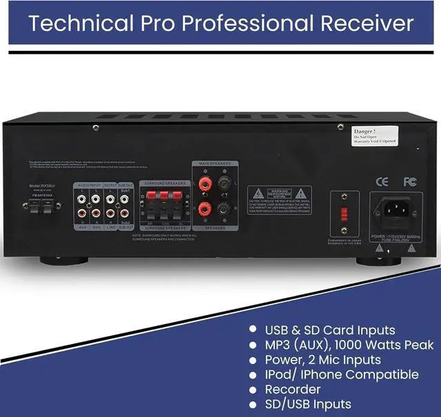 Alt view image 3 of 6 - Professional 1000 Watts Home Stereo Receiver with USB and SD Card Inputs | MP3 (AUX), 2 Mic Inputs, Recorder, Wireless Remote, FM Digital Tuner