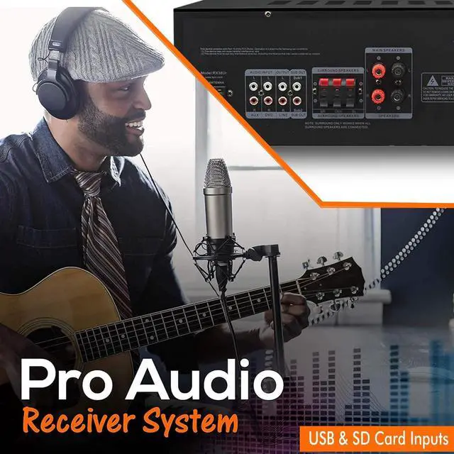 Alt view image 6 of 6 - Professional 1000 Watts Home Stereo Receiver with USB and SD Card Inputs | MP3 (AUX), 2 Mic Inputs, Recorder, Wireless Remote, FM Digital Tuner