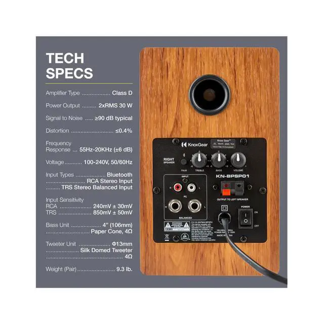Alt view image 5 of 6 - LP1 Powered Bluetooth Bookshelf Speakers Pair - Turntable, Record Player, Stereo Speaker - 30 Watt x 2-2.0 Stereo Studio Monitor Speakers - Wood Finish - 4" Paper Cone Woofer, Active Speakers, Wired |