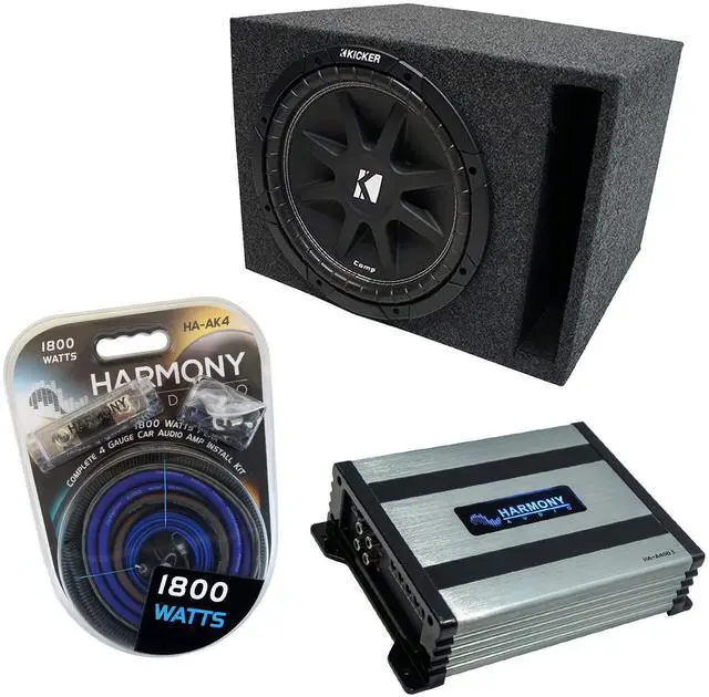 Main image of Kicker C12 Comp Single 12" Vented Loaded Sub Box with Amp and Install Kit | 12 inch subwoofer and amplifier combo package with wiring, ported enclosure, Class D mono power, universal car or truck fit