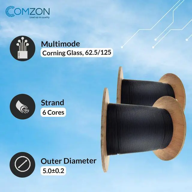 Alt view image 5 of 6 - 6-Strand Fiber Indoor/Outdoor Multimode 62.5/125 OM1 Fiber Optic Cable Black, Riser Rated, High Bandwidth & Low Attenuation for Ethernet & LAN, 1000ft