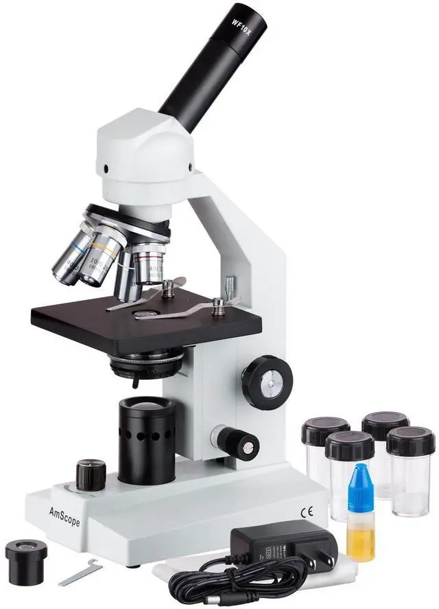 Main image of M500B-LED Cordless Monocular Compound Microscope, WF10x and WF20x | 40X-2000X Magnification Range Compound Biological Microscope Cordless Battery Powered Built-In LED Illumination