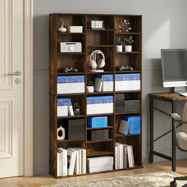 Main image of 24-Shelf Wide CD Rack, 8 x 3 DVD Storage Cabinets with Adjustable Shelves, Easy Assembly DVD Shelf, Media Shelf for CD Blueray Game Disc, for Home Office, Living Room, Amber Pine