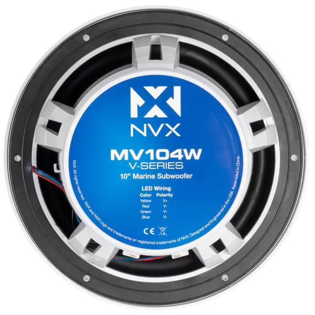 Alt view image 4 of 6 - MV104W 10" Marine Subwoofer with RGB LED Lighting (White) | 500W Peak, 250W RMS, Single 4 Ohm V-Series Marine Sub, IP65 Water Resistant