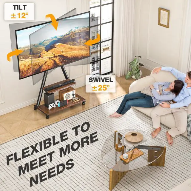Alt view image 3 of 6 - Rolling TV Stand for 43-80" up to 150lbs | Portable TV Stand on Wheels with Enhanced Triangular Design Height Adjustable Mobile Cart with Swivel/Tilt/Storage Shelves