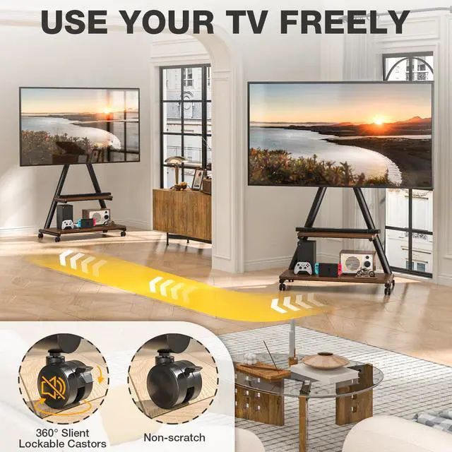 Alt view image 4 of 6 - Rolling TV Stand for 43-80" up to 150lbs | Portable TV Stand on Wheels with Enhanced Triangular Design Height Adjustable Mobile Cart with Swivel/Tilt/Storage Shelves
