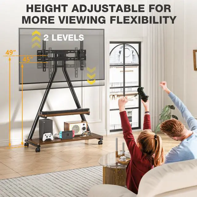 Alt view image 5 of 6 - Rolling TV Stand for 43-80" up to 150lbs | Portable TV Stand on Wheels with Enhanced Triangular Design Height Adjustable Mobile Cart with Swivel/Tilt/Storage Shelves