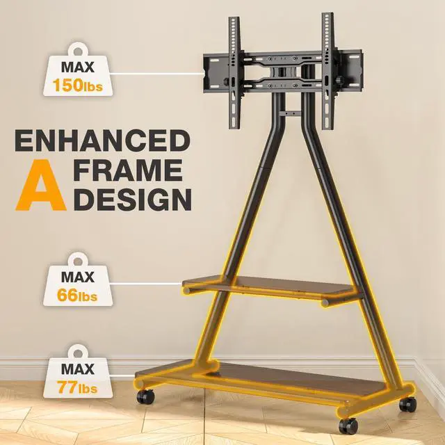 Alt view image 6 of 6 - Rolling TV Stand for 43-80" up to 150lbs | Portable TV Stand on Wheels with Enhanced Triangular Design Height Adjustable Mobile Cart with Swivel/Tilt/Storage Shelves