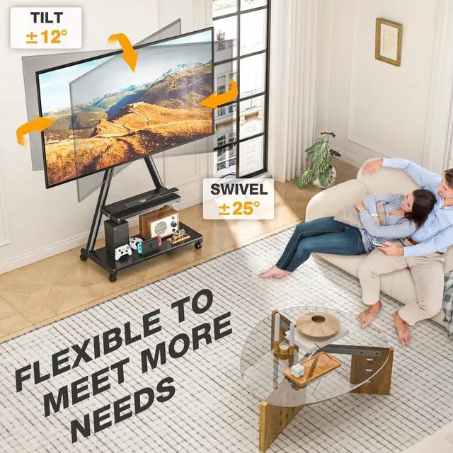 Alt view image 3 of 6 - Rolling TV Stand for 43-80" TVs up to 150lbs | Portable Stand on Wheels with Enhanced Triangular Design, Height Adjustable Mobile Cart with Swivel/Tilt/Dual Shelves