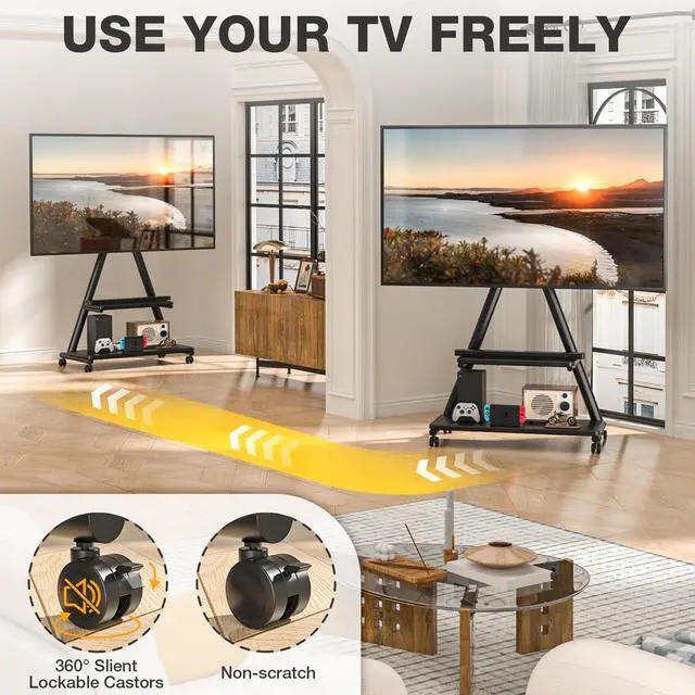 Alt view image 4 of 6 - Rolling TV Stand for 43-80" TVs up to 150lbs | Portable Stand on Wheels with Enhanced Triangular Design, Height Adjustable Mobile Cart with Swivel/Tilt/Dual Shelves