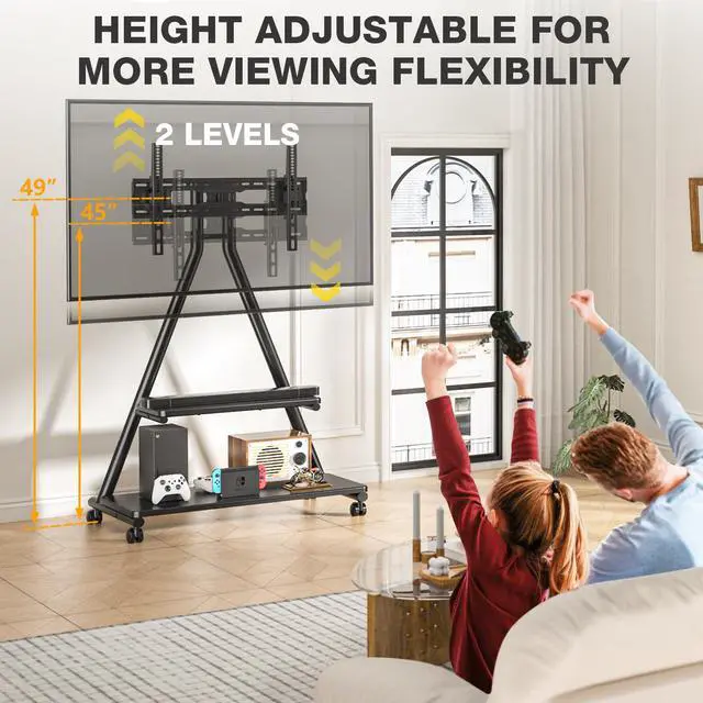 Alt view image 5 of 6 - Rolling TV Stand for 43-80" TVs up to 150lbs | Portable Stand on Wheels with Enhanced Triangular Design, Height Adjustable Mobile Cart with Swivel/Tilt/Dual Shelves