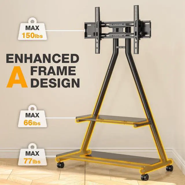 Alt view image 6 of 6 - Rolling TV Stand for 43-80" TVs up to 150lbs | Portable Stand on Wheels with Enhanced Triangular Design, Height Adjustable Mobile Cart with Swivel/Tilt/Dual Shelves