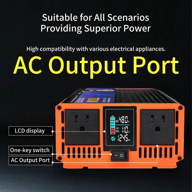 Alt view image 6 of 6 - 2300W Continuous 7000W Peak Pure Sine Wave Inverter, 12V DC to 110V AC for RV, Truck, Solar Off-Grid & Home Use, with LED Display, AC Outlets & Multi-Safety Protection (12, Volts (DC))