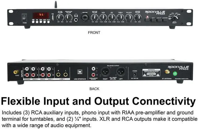Alt view image 3 of 6 - PPA53 Home 1U Rack Preamp, Bluetooth, USB, RCA, 3-Band EQ, Phono Input, XLR Outputs, Low-Noise, Headphone Out, Perfect for Home Audio, Turntables