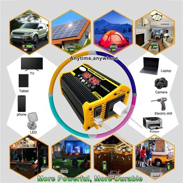 Alt view image 6 of 6 - Modified Sine Wave Inverter 4000 Watt 12V DC to 110V 220V AC Car Plug Adapter Converter with LED Display Fast Charging Dual USB Ports (Size: 12V-220V)
