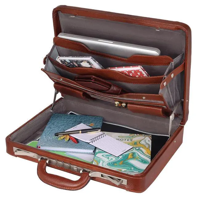 Alt view image 3 of 6 - Full Grain Leather Briefcase Attache Case For Unisex Size L18 x W4 x H12 Inches Luxury Briefcase Bag (Tan)