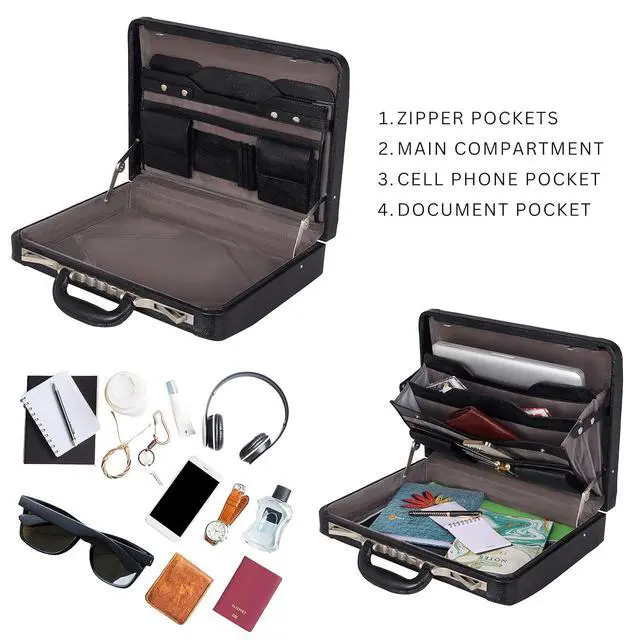 Alt view image 3 of 6 - Full Grain Leather Briefcase Attache Case For Unisex Size L18 x W4 x H12 Inches Luxury Briefcase Bag (Black)
