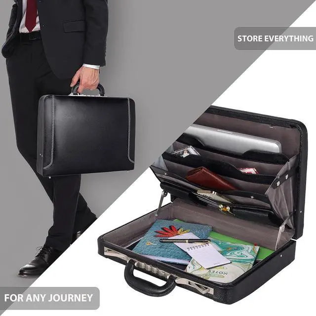Alt view image 6 of 6 - Full Grain Leather Briefcase Attache Case For Unisex Size L18 x W4 x H12 Inches Luxury Briefcase Bag (Black)