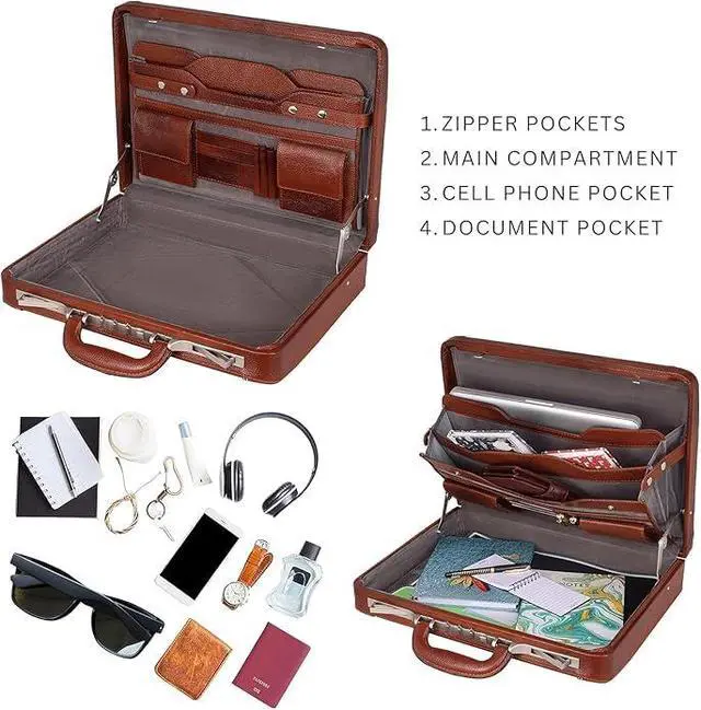 Alt view image 4 of 5 - Full Grain Leather Briefcase Attache Case For Unisex Size L18 x W4 x H12 Inches Luxury Briefcase Bag (Italian Tan)