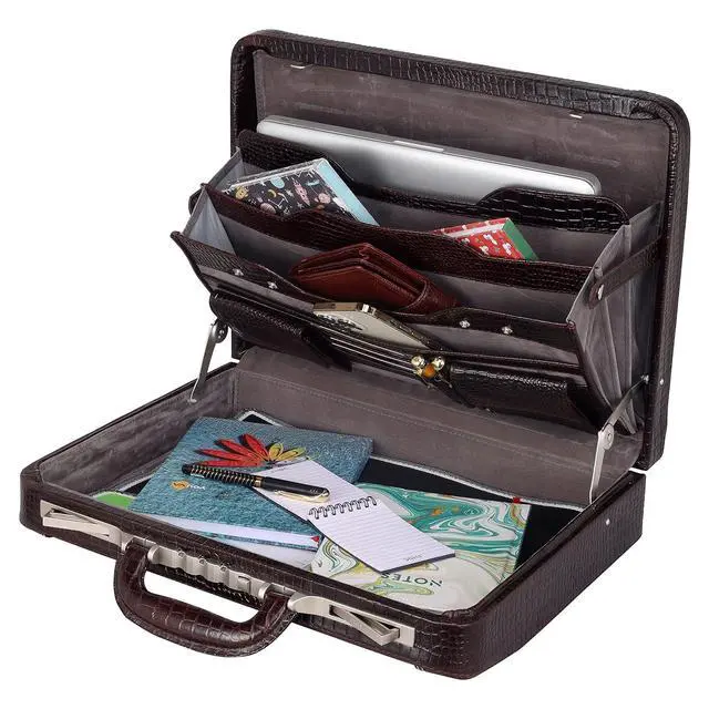 Alt view image 3 of 6 - Full Grain Leather Briefcase Attache Case For Unisex Size L18 x W4 x H12 Inches Luxury Briefcase Bag (Croc Brown)