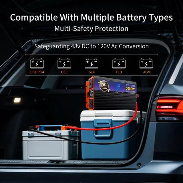 Alt view image 6 of 6 - 2000W Continuous 6000W Peak Pure Sine Wave Inverter, 12V DC to 110V AC for RV, Truck, Solar Off-Grid, Home & Car, with LCD Display, Dual AC Outlets & Multi-Safety Protection (12, Volts (DC))