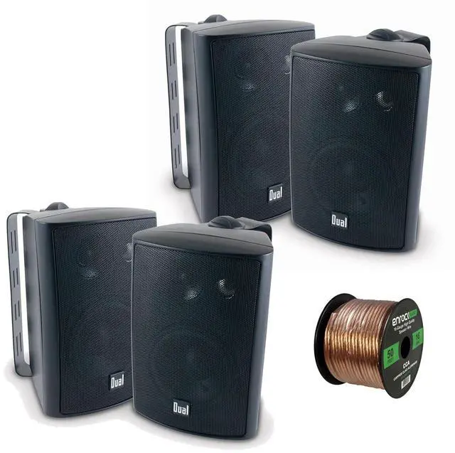 Main image of 4x LU47PB 4 Inch 100-Watt 3-Way Indoor / Outdoor High Performance Bookshelf Studio Monitor Black Speakers w/ Swivel Brackets, Enrock 16-G 50 Ft Audio Speaker Wire