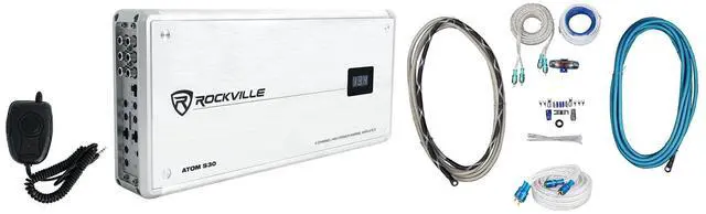 Main image of Atom S30 4-Channel Marine Boat Amplifier with RMWK4 V2 Wire Kit | 2400W Peak / 600W RMS, Class A/B, Built-In Volt Meter, PA Microphone, 12dB Bass EQ, MRCA25 25' RCA Cable, Boat, 3-items