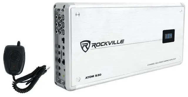 Alt view image 2 of 6 - Atom S30 4-Channel Marine Boat Amplifier with RMWK4 V2 Wire Kit | 2400W Peak / 600W RMS, Class A/B, Built-In Volt Meter, PA Microphone, 12dB Bass EQ, MRCA25 25' RCA Cable, Boat, 3-items