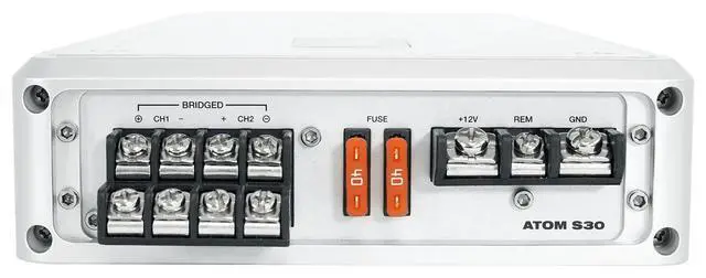 Alt view image 3 of 6 - Atom S30 4-Channel Marine Boat Amplifier with RMWK4 V2 Wire Kit | 2400W Peak / 600W RMS, Class A/B, Built-In Volt Meter, PA Microphone, 12dB Bass EQ, MRCA25 25' RCA Cable, Boat, 3-items